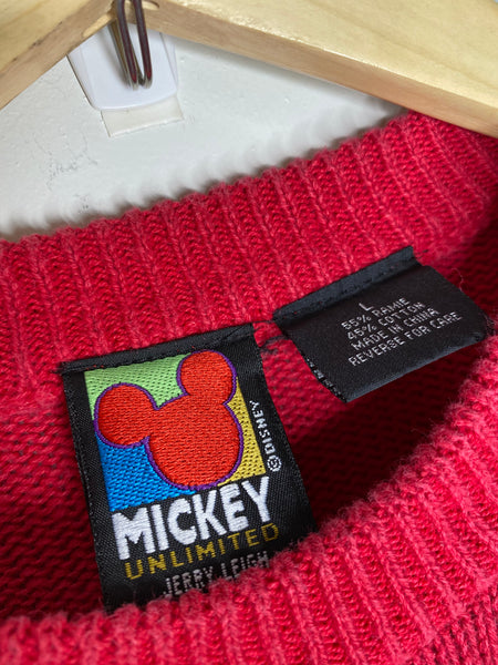 L Red Mickey Mouse 90s Knit Sweatshirt VTG Rare