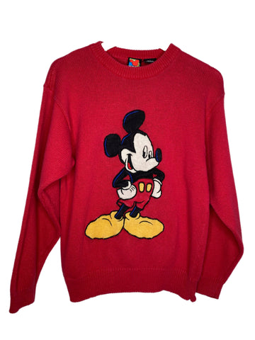 L Red Mickey Mouse 90s Knit Sweatshirt VTG Rare